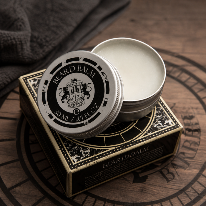 Open tin of Dear Barber Beard Balm on branded packaging in a warm masculine grooming scene