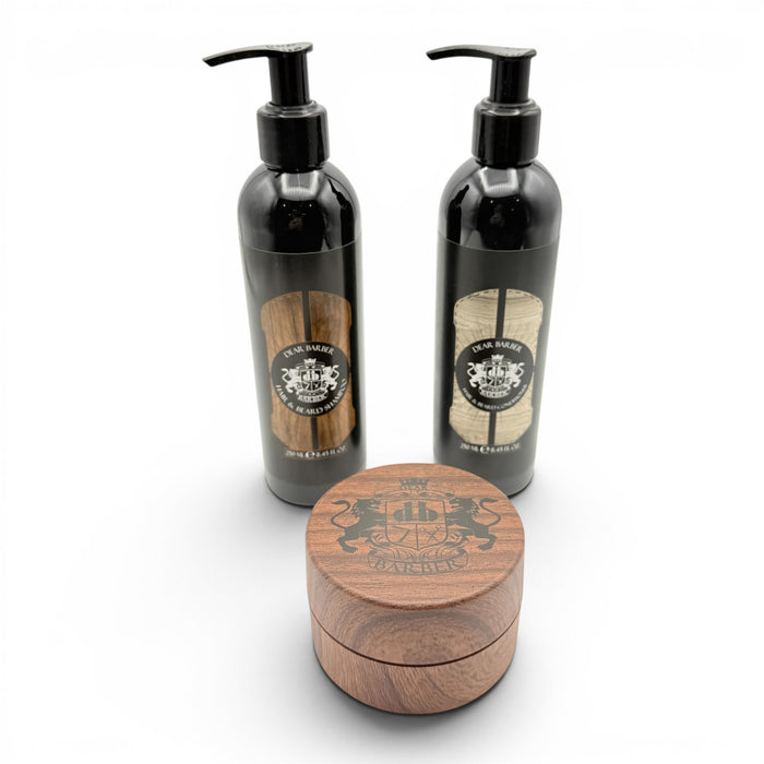 Dear Barber Hair Care Essentials Gift Set with shampoo, conditioner and shaping cream on a white background