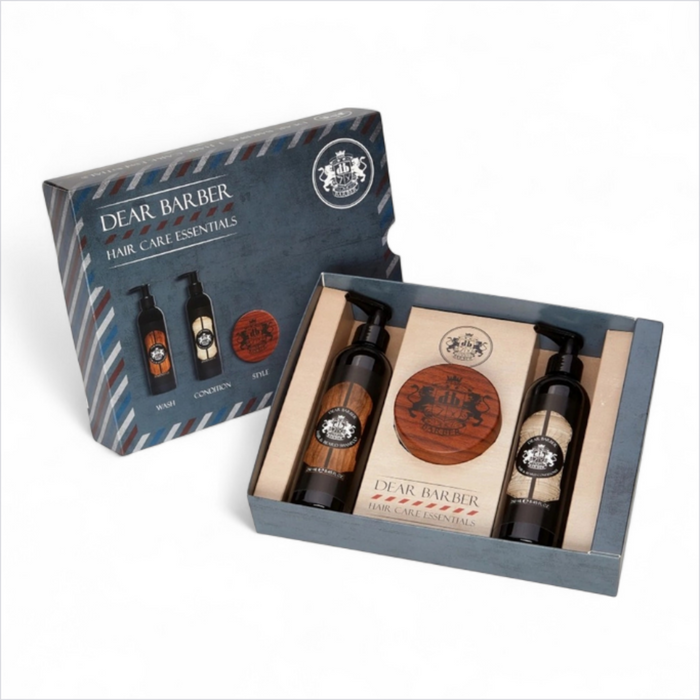 Open Dear Barber Hair Care Essentials Gift Set showing grooming products inside presentation box