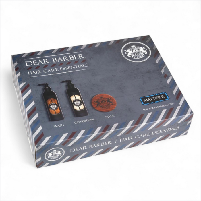Closed Dear Barber Hair Care Essentials Gift Set box on a white background
