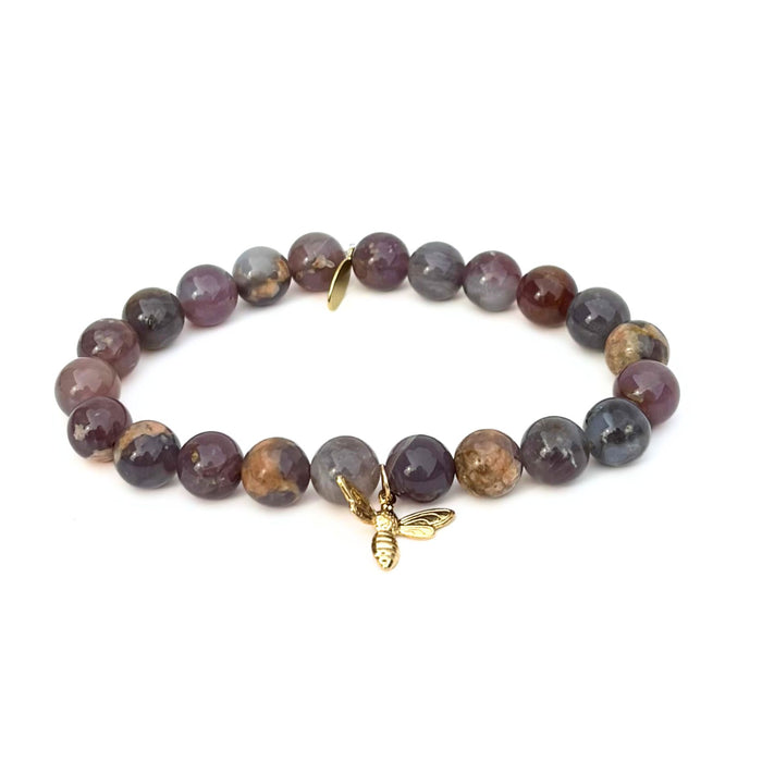 Deep Madagascar Rose Quartz Bracelet + Gold Bee Charm