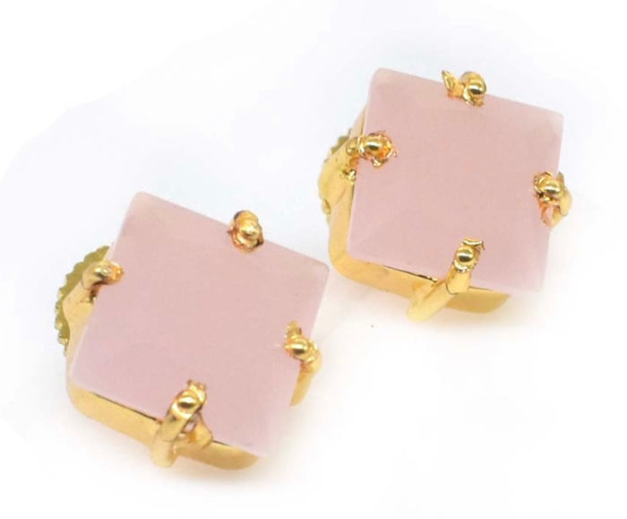 Diamond-Shaped Rose Quartz Gemstone Stud Earrings 1"