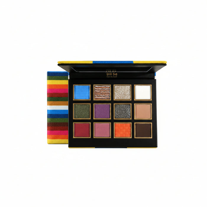 diLSe 12-shade eyeshadow and face palette open to show 12 square pans, with striped outer packaging