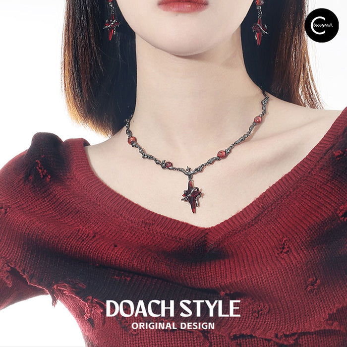 DOACH STYLE Red Four-Pointed Star Necklace style #01