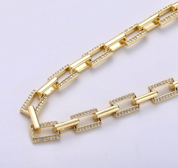 Elegant Gold Micro Pave Paperclip Chain Necklace 19.5”, 20.5”
