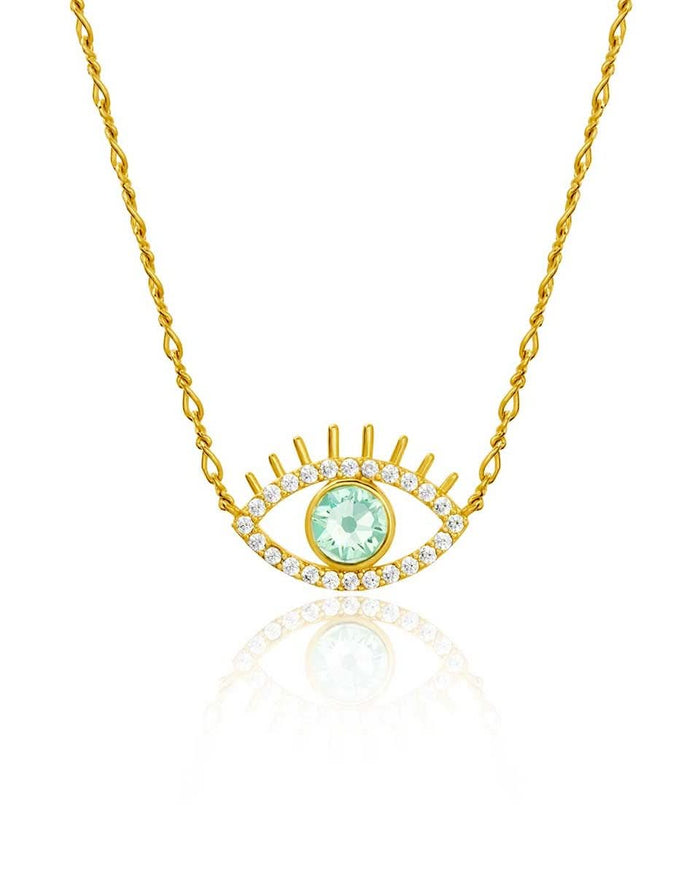 Evil Eye gold necklace on white background