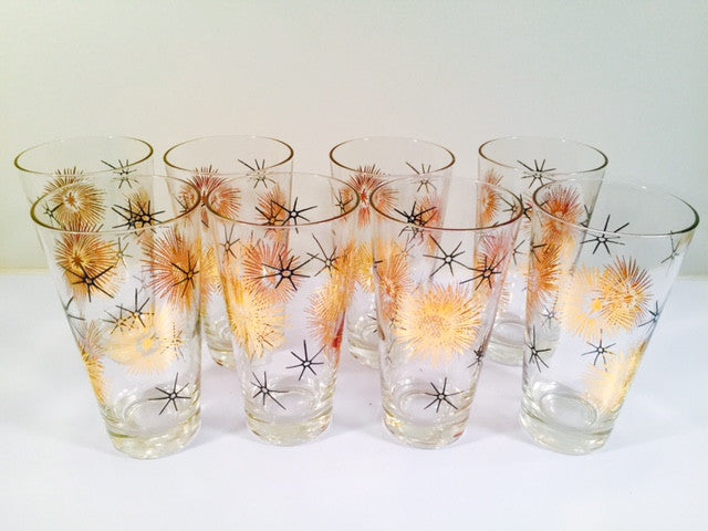 Federal Glass Mid Century 22 - Karat Gold and Black Retro Atomic Glasses (Set of 8)