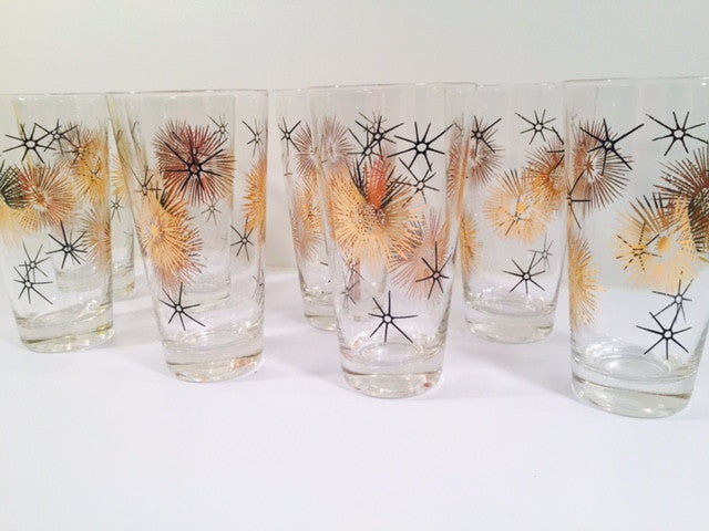 Federal Glass Mid Century 22 - Karat Gold and Black Retro Atomic Glasses (Set of 8)