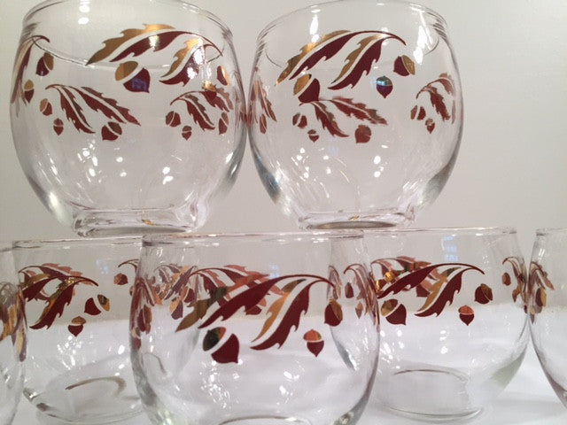 Federal Glass Mid-Century 22-Karat Gold Acorn Roly-Poly Set (Set of 8 Glasses)
