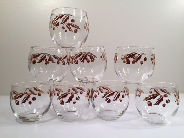 Federal Glass Mid-Century 22-Karat Gold Acorn Roly-Poly Set (Set of 8 Glasses)