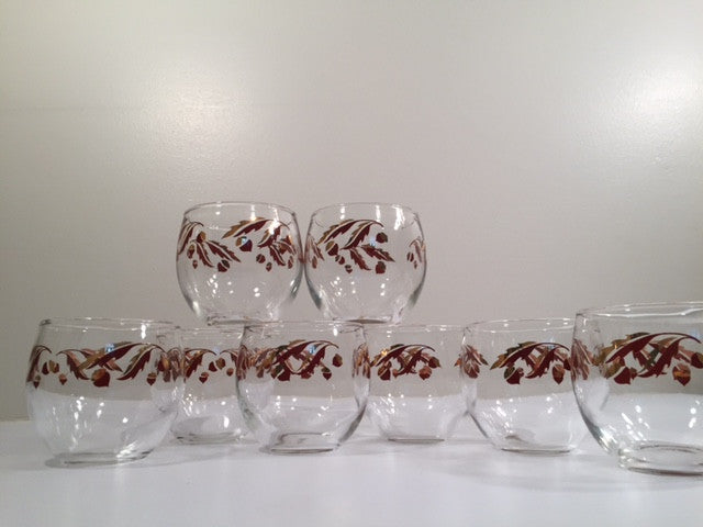 Federal Glass Mid-Century 22-Karat Gold Acorn Roly-Poly Set (Set of 8 Glasses)
