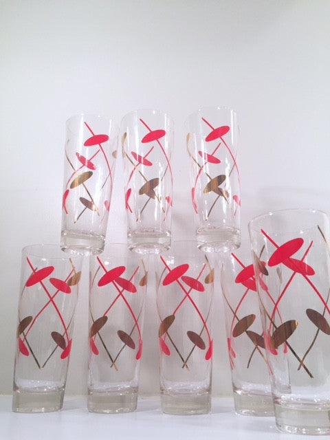 Federal Glass Rhythm Mid-Century Red and 22-Karat Gold Atomic Collins Glasses (Set of 8)