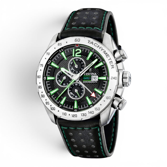 Festina men’s chronograph watch with black dial, green detailing, black leather strap and stainless steel case