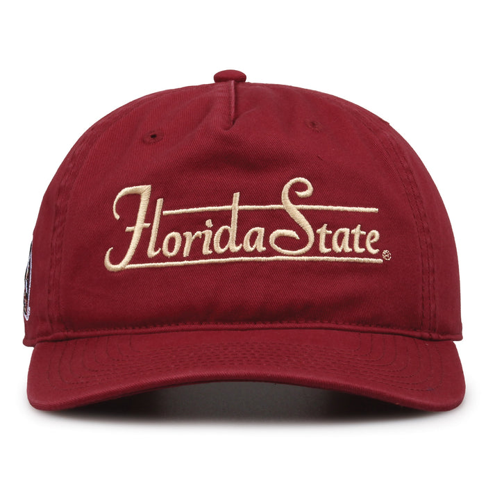 Florida State Seminoles Original Heritage Bar Snapback in cardinal, front view of embroidered school script and bar design