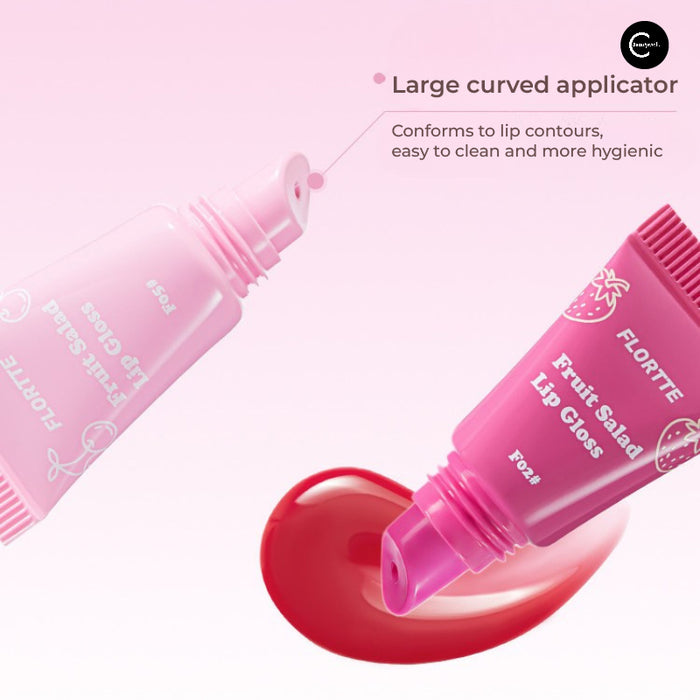 FLORTTE Fruit Salad Soft Tube Lip Gloss in F02 with a curved applicator dispensing gloss