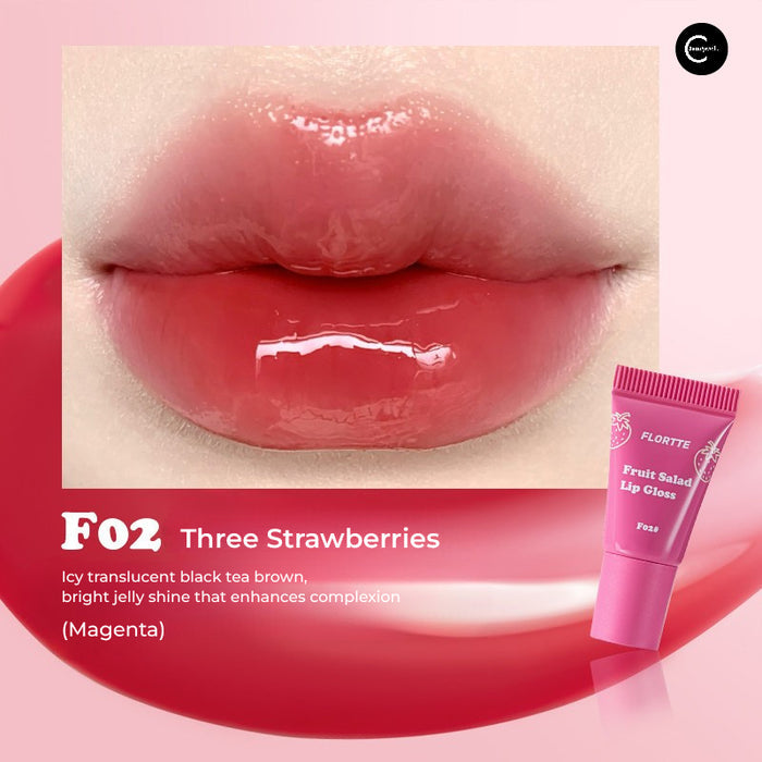 FLORTTE Fruit Salad Soft Tube Lip Gloss in F02 Three Strawberries, shown on lips with tube