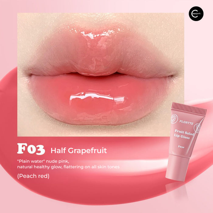 FLORTTE Fruit Salad Soft Tube Lip Gloss in F03 Half Grapefruit, shown on lips beside pink tube