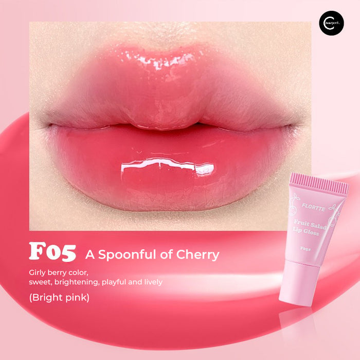 FLORTTE Fruit Salad Soft Tube Lip Gloss in F05 Cherry, bright pink gloss on lips with tube shown
