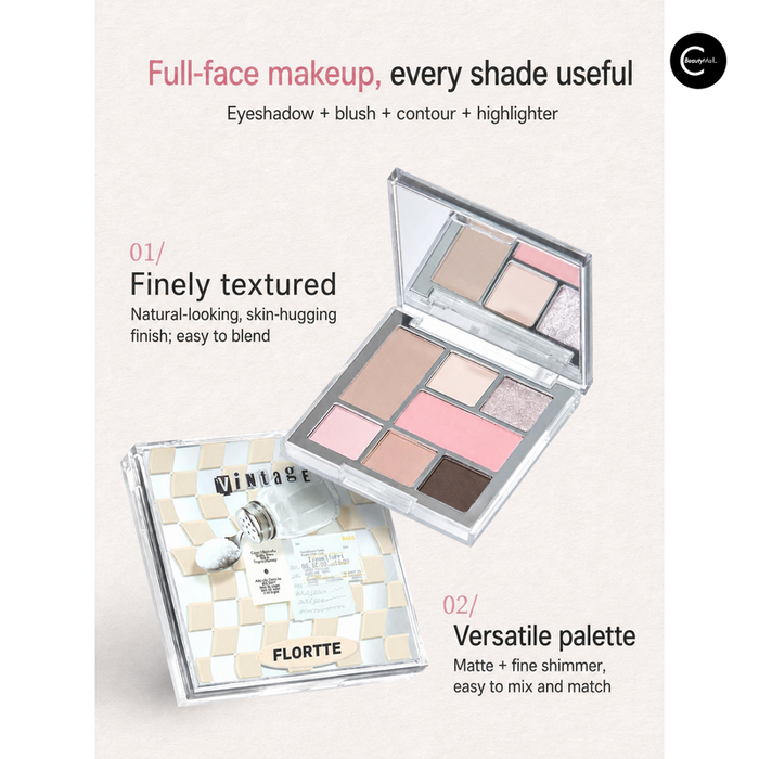 FLORTTE makeup palette with eyeshadow, blush, contour, and highlighter shades, open and closed views