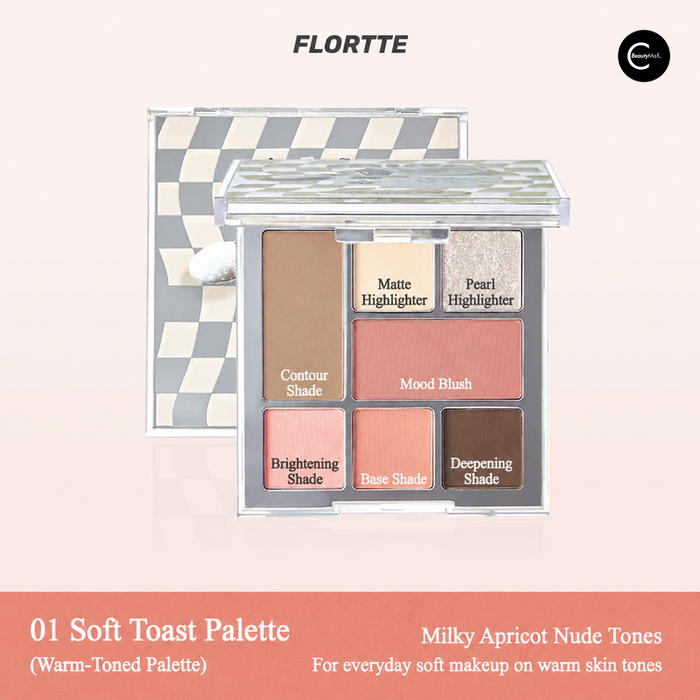 FLORTTE 01 warm-toned face palette with contour, blush, and highlight shades