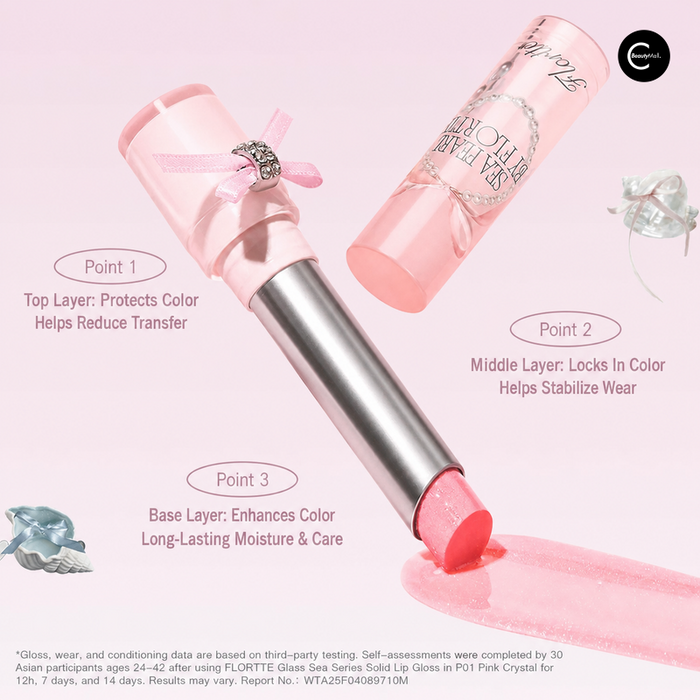 FLORTTE P01 Pink Crystal solid lip gloss shown open with pink packaging and a glossy pink swatch