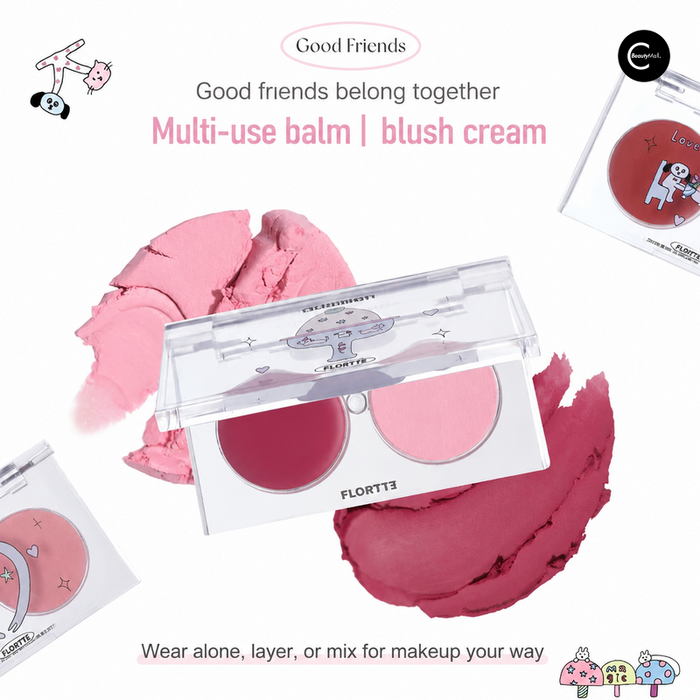 FLORTTE Good Friends multi-use balm and blush cream compacts in pink and berry shades