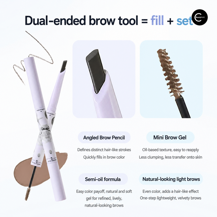 Dual-ended brow pencil and brow gel with angled pencil tip and spoolie, product detail view