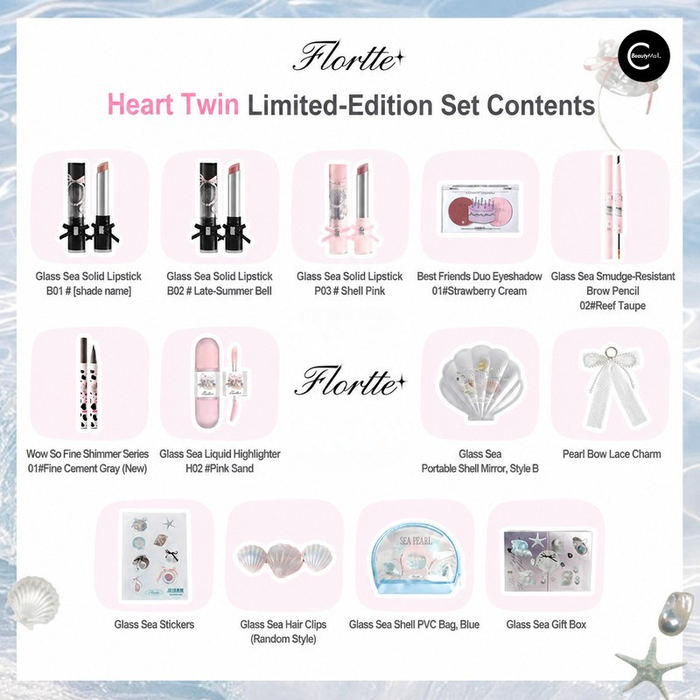 FLORTTE Heart Twin limited-edition makeup gift set contents chart with cosmetics, accessories, and gift box