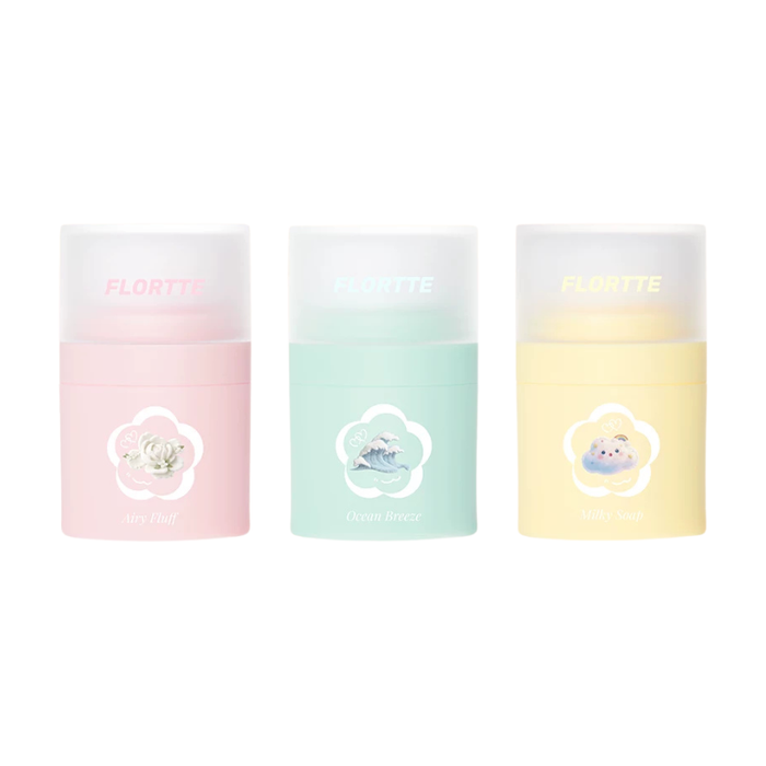 FLORTTE Hair Volumizing Powder in three pastel puff containers, shown in pink, mint, and yellow