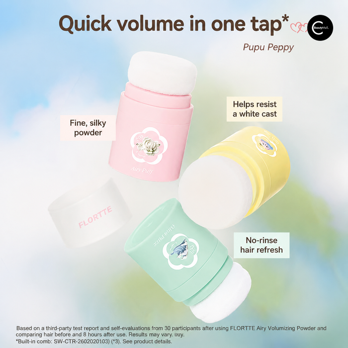 Pupu Peppy FLORTTE hair volumizing powder in pink, yellow, and mint packaging with product benefits