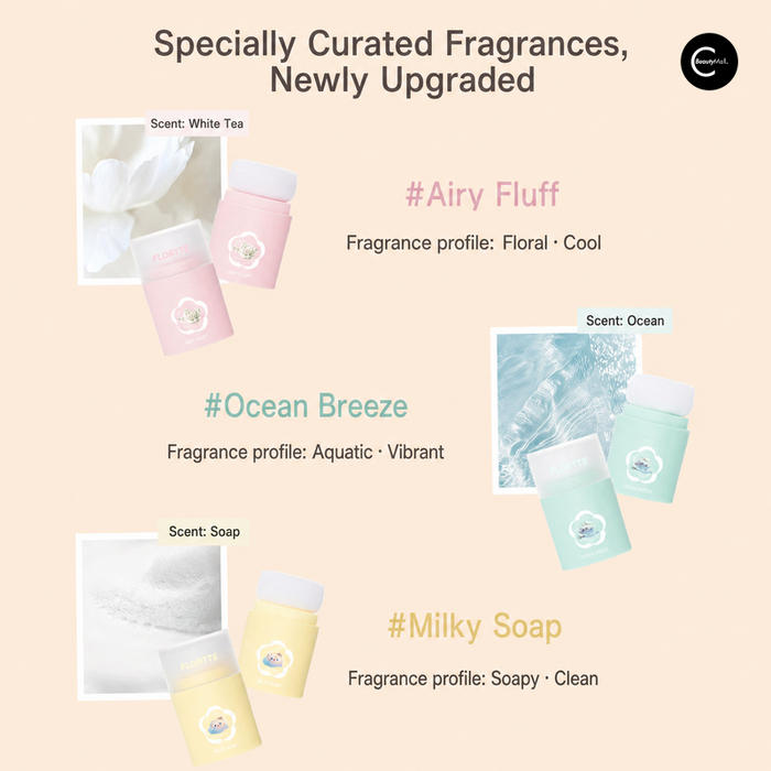 FLORTTE pastel fragrance bottles in White Tea, Ocean, and Soap scents, collection view