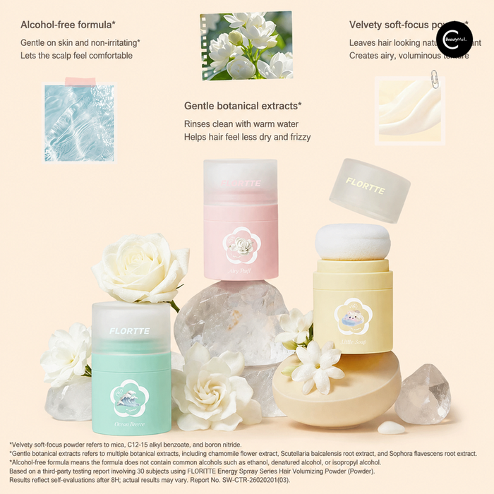 FLORETTE hair volumizing powder in pink, yellow, and mint-green packages with floral display