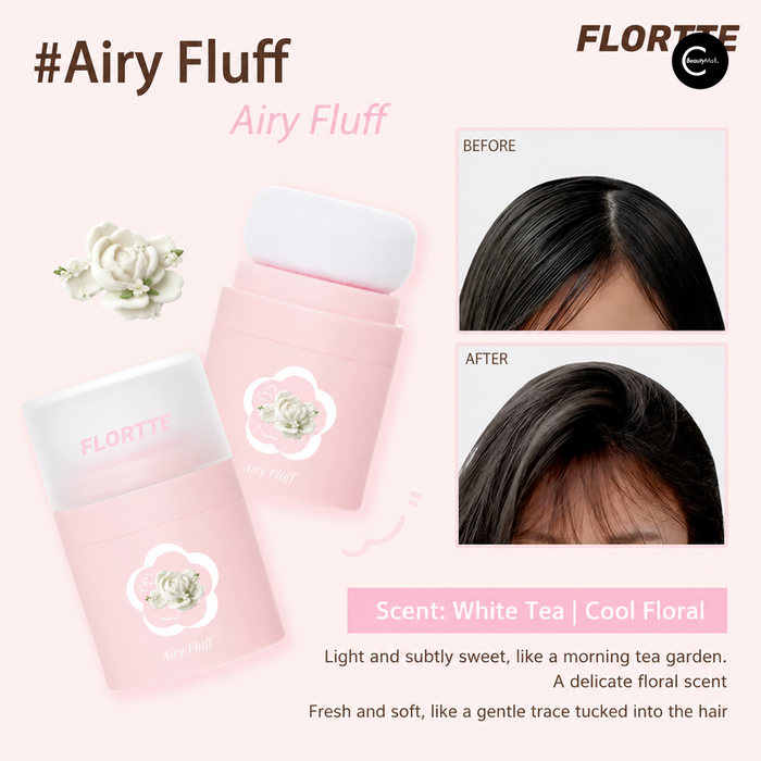 FLORTTE Airy Fluff pink fragrance bottles with before-and-after hairline photos