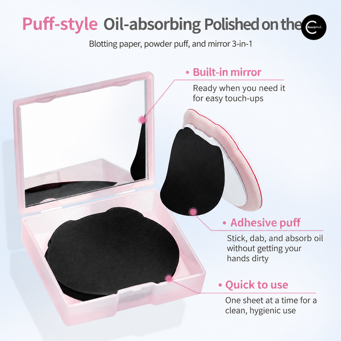 Pink oil-blotting puff compact with a built-in mirror and black puff