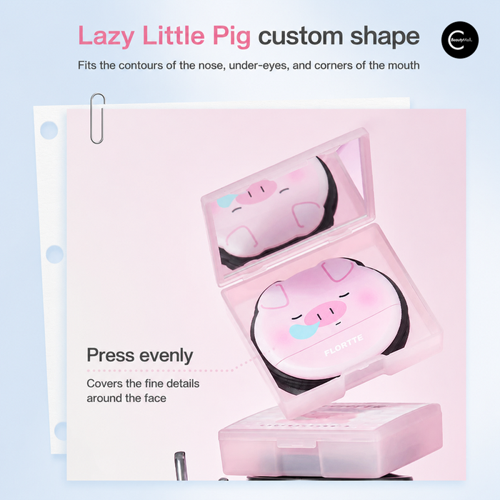 FLORTTE pink pig-shaped makeup compact with puff, shown open
