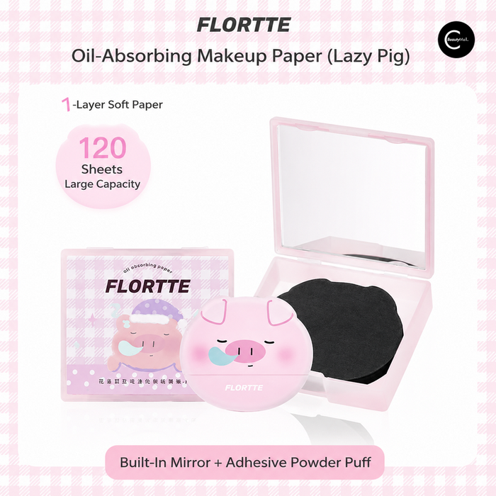 FLORTTE Lazy Pig oil-absorbing makeup paper with mirror compact and black powder puff