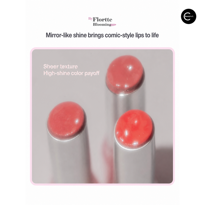 Flortte Blooming coral-pink glossy lip color sticks in a close-up texture view