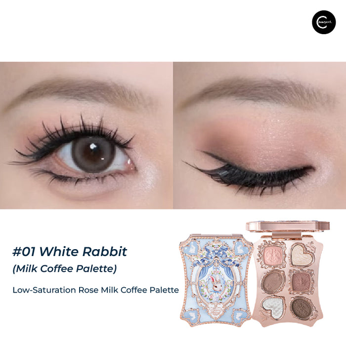 Flower Knows Bunny Garden Series #01 White Rabbit six-color eyeshadow palette, open, with eye makeup close-ups
