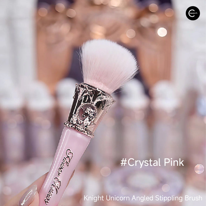 Flower Knows Knight Unicorn Series angled stippling makeup brush in #Crystal Pink, close-up view