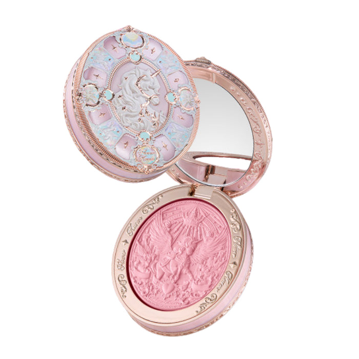Flower Knows Knight Unicorn Silk Satin Blush compact with pink embossed powder, mirror, and unicorn-decorated lid