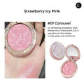 Flower Knows Knight Unicorn Silk Satin Blush compact in Strawberry Icy Pink, shown open with pink powder and swatch