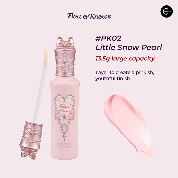 Flower Knows Midsummer Night Brightening Concealer in #PK02 Little Snow Pearl with doe-foot applicator and pink swatch