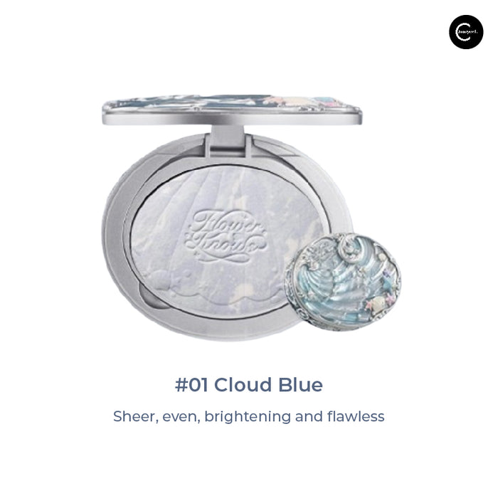 Flower Knows Shell Pearl Mixed-Color Setting Powder in #01 Cloud Blue, open compact view
