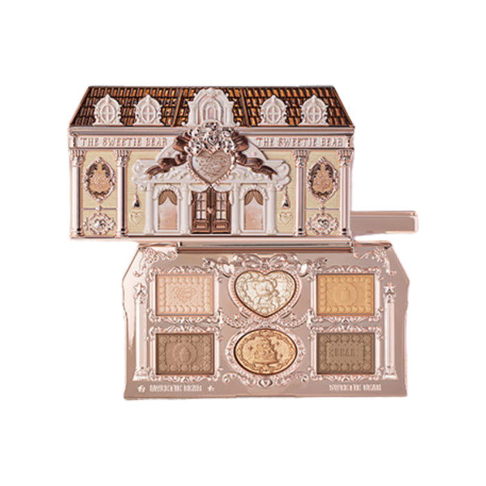 Flower Knows Sweet Heart Bear Series 6-color eyeshadow palette, open view with ornate bear-themed packaging and six pans