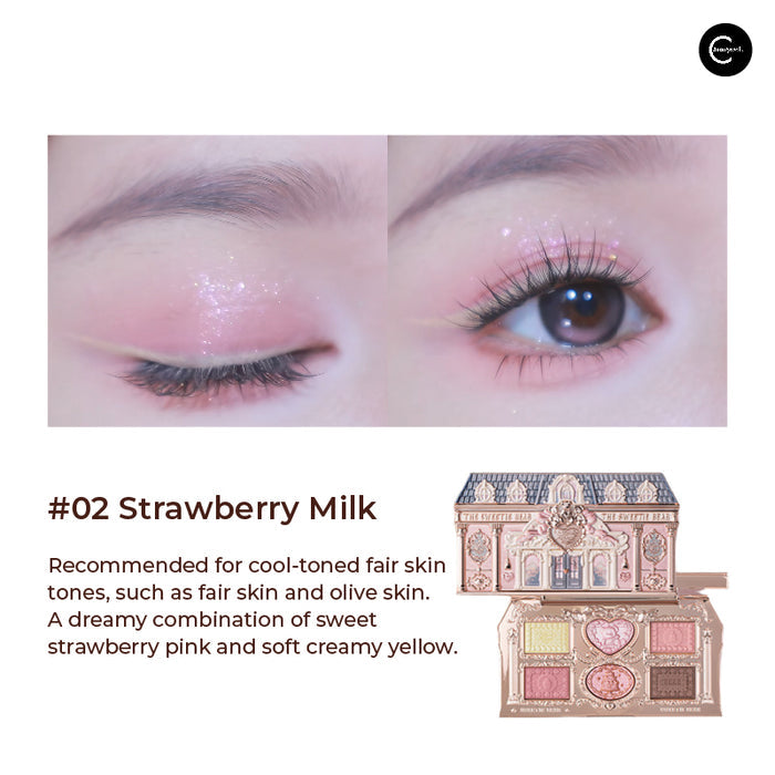 Flower Knows #02 Strawberry Milk 6-color eyeshadow palette with pink eye makeup close-up and open palette