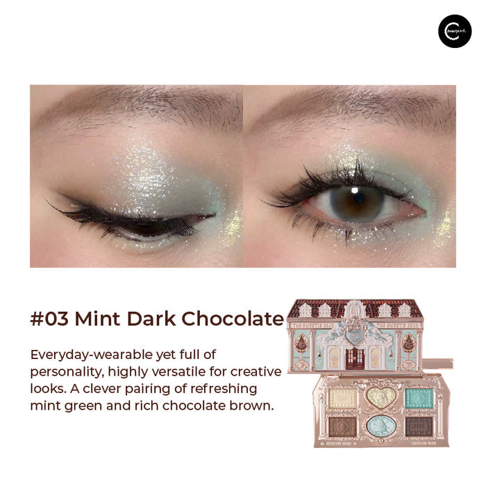 Flower Knows Sweet Heart Bear Series eyeshadow palette in #03 Mint Dark Chocolate, open beside an eye makeup look