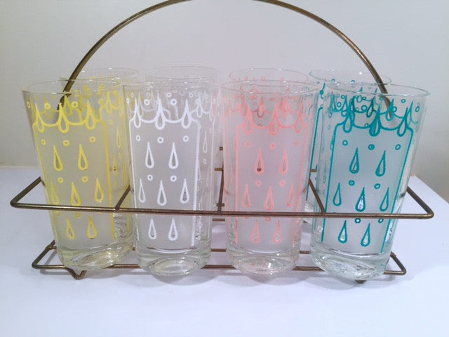 Fred Press - Signed Mid-Century Eyelet Bar Set (8 glasses and Carrier)