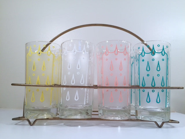 Fred Press - Signed Mid-Century Eyelet Bar Set (8 glasses and Carrier)