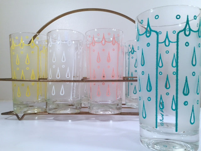 Fred Press - Signed Mid-Century Eyelet Bar Set (8 glasses and Carrier)