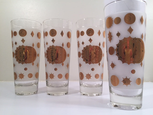Fred Press - Signed Mid-Century Frosted White & 22-Karat Gold Atomic Starburst Collins Glasses (Set of 4)